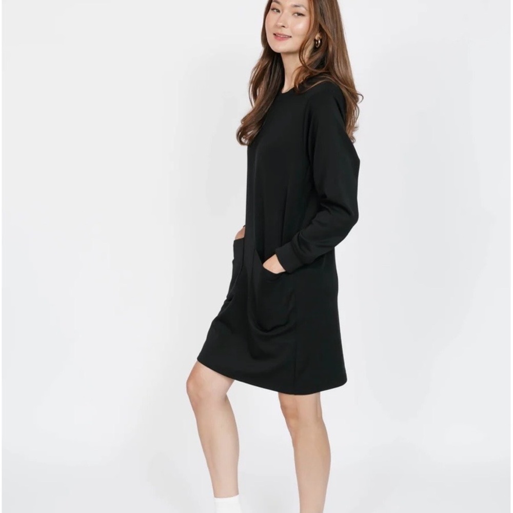Smash + Tess Piper Microscuba Midi Dress Navy Blue XS Patch Pockets Comfy Cozy